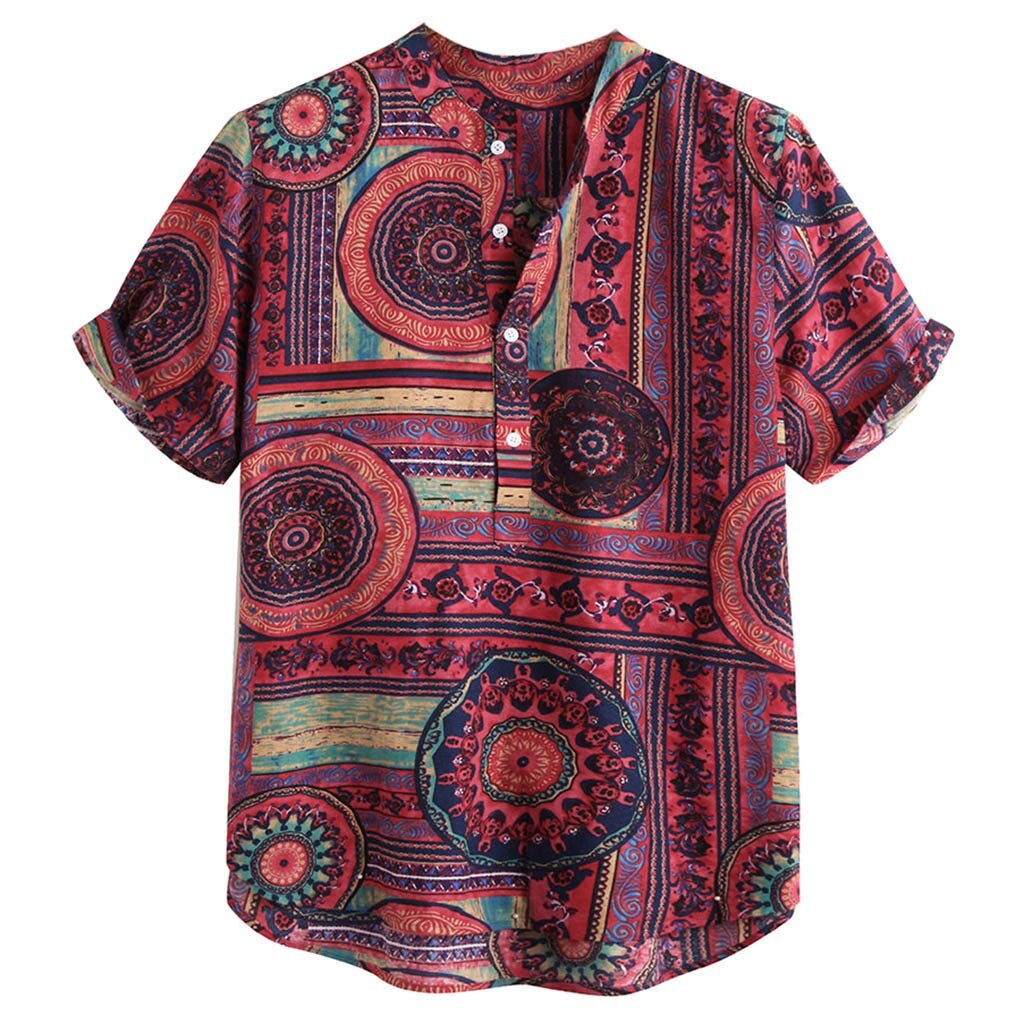 Printed Short Sleeve Linen Blend Shirt